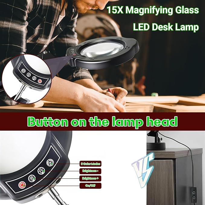 15X Magnifying Glass with Light and Stand, 5 Color Modes 10 Levels Adjustable Brightness, 2-in-1 Desk Lamp with Clamp, Hands Free LED Light Magnifier for Craft Hobby Reading Repair Close Works