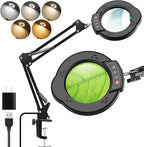 10X Magnifying Glass with Light and Clamp，Real Glass Lens 5 Color Modes Dimmable LED Lighted Magnifier with Swing Arm Hands Free Magnifying Desk Lamp for Crafts Sewing Painting Reading Close Work