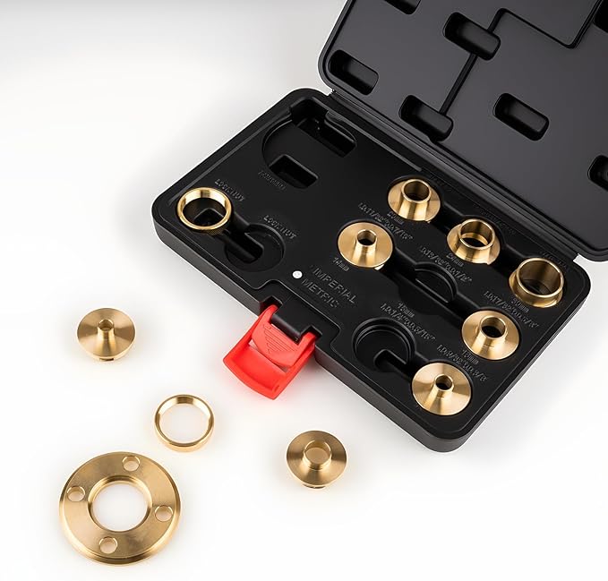 11Pcs Brass Router Bushing Guide Set, Router Template Guide with Lock Nut Adapter, Compatible with Porter Cable Style Router Sub-Bases, for Dovetailing, Cut Out Work & Woodworking Router Accessories