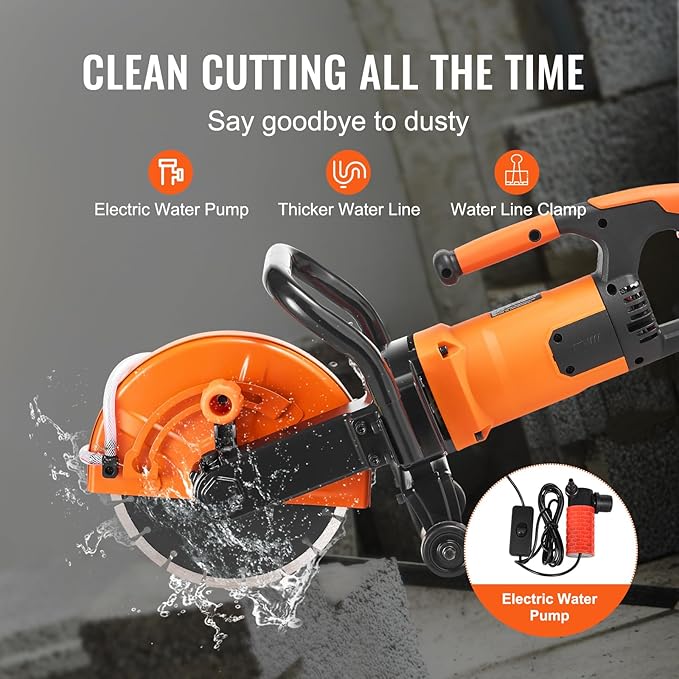VEVOR Electric Concrete Saw, 9 in Circular Saw Cutter with 3.5 in Cutting Depth, Wet/Dry Disk Cutter Includes Water Line, Pump and Blade, for Stone, Brick, Porcelain, Concrete, 1800W Motor