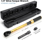 1/2-Inch Drive Torque Wrench, 10-160 FT.LB (10-227 Nm), 72-Tooth Professional Click Torque Wrench Set with 3/8 Adapter & Extension Bar, Lug Nut Torque Wrench for Car Tire & Wheel