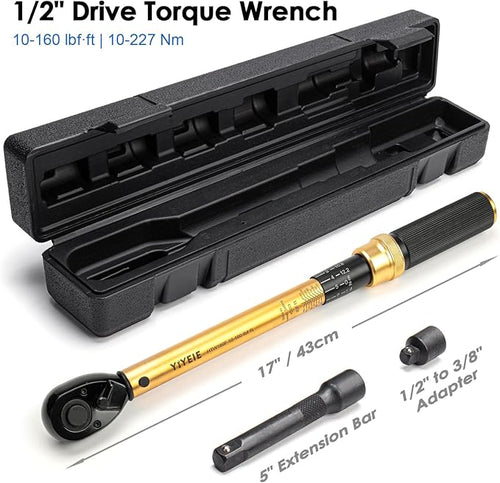1/2-Inch Drive Torque Wrench, 10-160 FT.LB (10-227 Nm), 72-Tooth Professional Click Torque Wrench Set with 3/8 Adapter & Extension Bar, Lug Nut Torque Wrench for Car Tire & Wheel