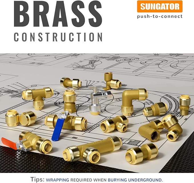 SUNGATOR 1/2" Shut Off Valve, Ball Valve 1/2 Inch, Pushfit Water Shutoff, No Lead Brass Push-to-Connect Plumbing Fittings for Pex Pipe, Copper, CPVC, with 1 Disconnect Clip, Pack of 2