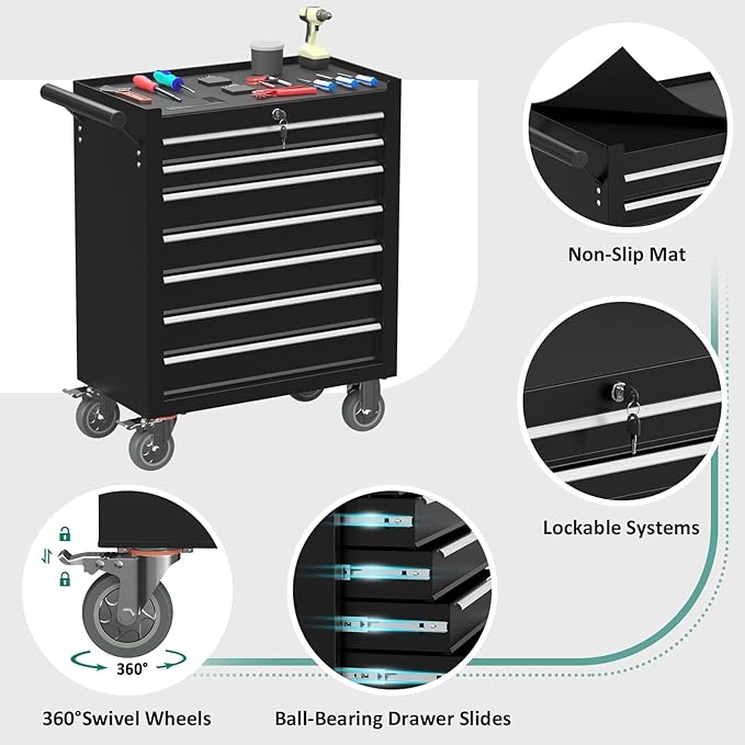 7-Drawer Rolling Tool Chest with Wheels, Tool Box with Locking System and Sliding Drawers, Heavy Duty Tool Box Organizer for Garage, Warehouse, Workshop (Black)