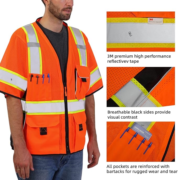 Dib Safety Reflective Mesh Vest ANSI Class 3, High Visibility with Pockets and Zipper, Made with 3M Reflective Tape, Orange XL