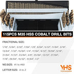 115Pcs Cobalt Drill Bit Set (1/16''-1/2''), M35 High Speed Steel, Twist Jobber Length for Hardened Metal, Stainless Steel, Cast Iron, Wood, and Plastics, with Metal Index Storage Box