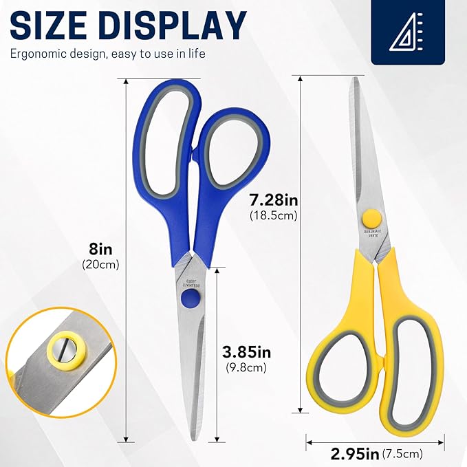 24-Pack 8" All Purpose Heavy Duty Sharp Scissors Bulk for Office School Home Stainless Steel Blades Safety Soft Grip Handles,Right/Left Handed Scissors