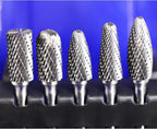 Carbide Burrs Set 5pcs with 1/4''Shank SB-5 SC-5 SF-5 SH-5 SL-4 Double Cut Solid Power Tool Rotary Files Bits for Die Grinder Metal Wood Carving Engraving Polishing Drilling Grinding Milling Cutting