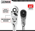 ARES 42026 - Flex Head Ratchet - 3/8-inch Drive 72-Tooth Ratchet - Premium Chrome Vanadium Steel Construction & Chrome Plated Finish - 72-Tooth Quick Release Reversible Design with 5 Degree Swing