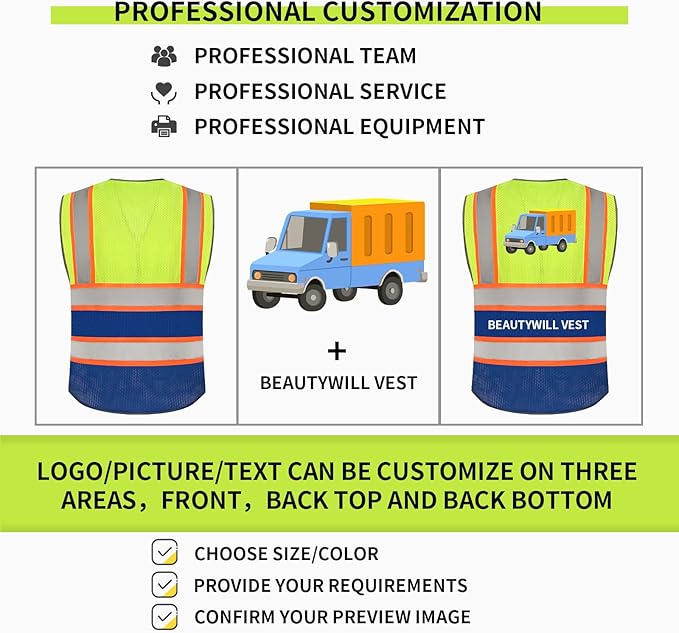 BeautyWill Custom Logo 10/20 Pack Safety Vest Class2 High Visibility Vest with Pockets Breathable Construction Vest Bulk