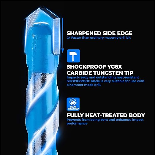 toolant 1/2" Concrete Drill Bit Set & Masonry Drill Bit Set, Shockproof Hex Shank Hammer Drill Bit Set for Glass/Brick/Plastic/Cement/Tile, Industrial Strength Carbide Drill Bit Tip 1/2" Box of 5