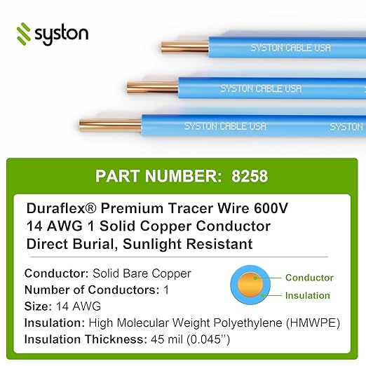 14 AWG Tracer Wire 600V 100% Solid Copper Conductor Direct Burial Underground, Blue Tracer Wire for Locating Underground Pipes and Lines Water Sewer Pipe Fiber Optic Gas Electrical Wire, 100 FT