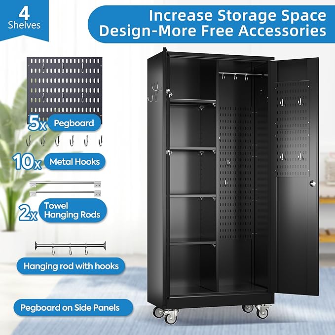Garage Storage Cabinet with Wheels and 5 Pegboard, 71" H Metal Storage Cabinets with 2 Locking Doors and 4 Shelves, Broom Closet Storage Cabinet with Hanging Rod and 13 Hooks, Black