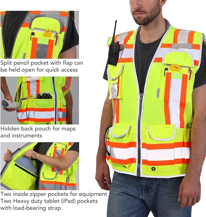Dib Safety Reflective Vest Heavy Duty, High Visibility Two Tone Engineer Vest, Made with 3M Tape, Padded Collar, Retractable ID Pocket, Yellow M