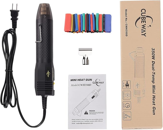 Mini Heat Gun with 6.56FT Long Cable, CUBEWAY 350W Dual-Temp 392~662°F Heat Shrink Gun with Reflector Nozzle and Shrinking Tubes for Wire Connectors, Small Hot Air Gun for Embossing Crafts