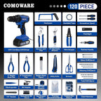COMOWARE 120 Pcs Home Tool Kit with 20V Power Drill, Li-ion Battery & Charger - 25+1 Clutch Tool Set for Home, Garden & Office Repair - Blue Case