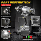Cordless Impact Wrench 3/4 inch compatible with Dewalt 20V Battery, 1850ft-lbs (2500N.m) Brushless Electric Impact Gun, High Torque Impact Driver, Bare Tool Only, Heavy-Duty Automotive & Industrial