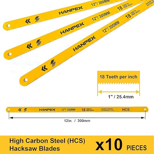 Hacksaw Replacement Blades (10 Pack) High Speed 24 TPI - 12" Length Hack Saw Blade - High Carbon Steel (HCS) Cutting Blades