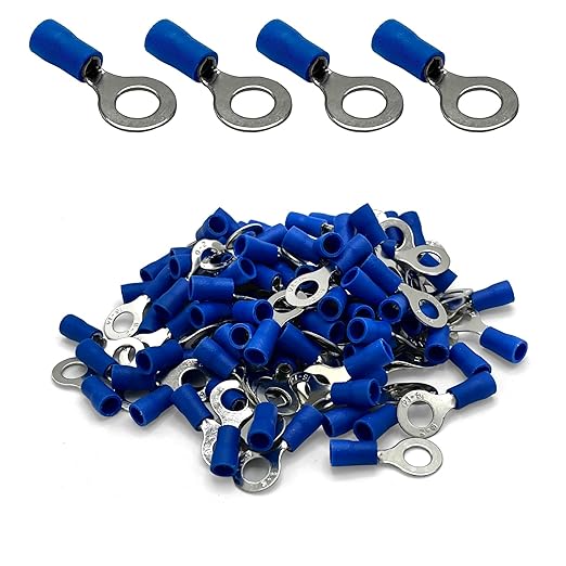 ANGSTROM 1/4" Bolt Ring Terminals, Insulated Electrical Crimp Connectors 100pcs (16-14ga Blue)