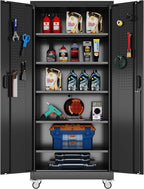 71" Metal Storage Cabinet with Wheels and Pegboard, Lockable Rolling Steel Storage Cabinet with 5 Adjustable Shelves and Door for Garage, Office, Kitchen, Assembly Required,Black