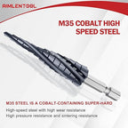 M35 Four Spiral Flute Cobalt Step Drill Bit, 1/8"-1/2" Wear-Resistant TiAlN Coated Four-Flute Step Bit, 1/4" Hex Shank Unibit Step Bit for Metal, Stainless Steel, Aluminum, Wood, Plastic