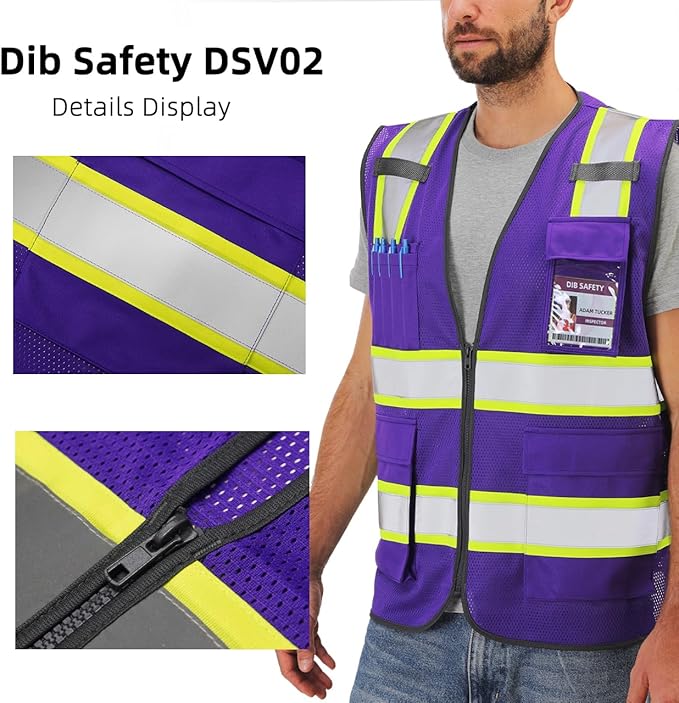 Dib Safety Reflective Mesh Vest High Visibility Two Tone with Pockets and Zipper, Purple Mesh with Yellow Trim 4XL