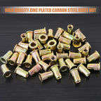Keadic 150Pcs M5 Rivet Nuts Metric Zinc Plated Rivet Nut Carbon Steel Rivet Nut Flat Head Threaded Insert Kit Threaded Rivet Insert Nutsert Rivnuts Kit for Furniture