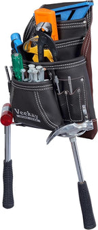 VEEKAY 10 Pockets Men Resin Finish/Oil Tanned Leather Tool Pouch White and Brown Bags Fastener Carpenter's Nail, Tool Heavy Duty Steel Hammer Loop, Belt Loop for Electrician Technician Installers