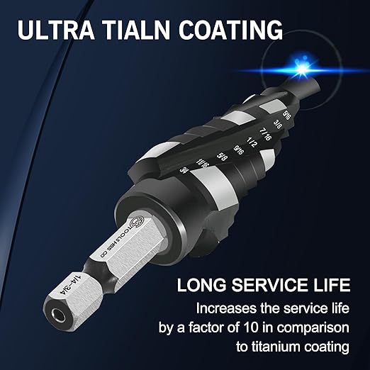 M35 Four Spiral Flute Cobalt Step Drill Bit, 1/8"-1/2" Wear-Resistant TiAlN Coated Four-Flute Step Bit, 1/4" Hex Shank Unibit Step Bit for Metal, Stainless Steel, Aluminum, Wood, Plastic