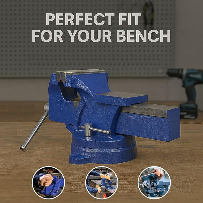 6-Inch Bench Iron Vice Heavy Duty Steel Bench Vise with Swivel Base Professional Germany Iron Design Heavy Duty CastIron Workbench Vise w/Bolts & Nuts, for Drilling, Pipe Cutting