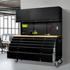 CT Copper Tailor 72-inch Rolling Tool Chest with Integrated Power Strip,15 Drawers and Wheels, Garage Workbench with Storage, 3 Upper Cabinets, Pegboard in Matte Black