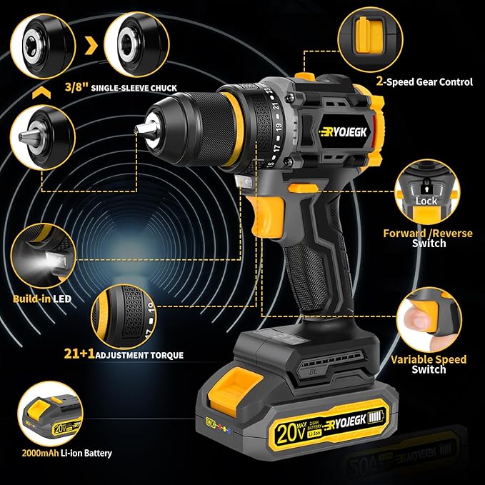 Compact Brushless Power Drill Set,60N.m Cordless Drill Tool Box with 2 Battery & 3/8”Keyless Metal Self-locking Chuck,138Pcs Men Handheld Tool Drills Kit,Taladro Inalámbrico for Home Repair Set