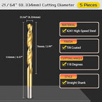 Drill Bit, 21/64" Cutting Diameter (8.334mm), 4241 HSS TiN Coated 118° Cutting Angle Versatile Jobber Bits - (Applications: for Drilling Plastic Wood Soft Thin Metal), 5-Pieces