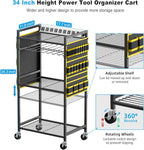 JUNNUJ Large Power Tool Organizer Cart with Charging Station, Garage Floor Standing Rolling Drill and Tools Battery Storage Cart on Wheels, Heavy Duty Rack Shelf with 8 Outlet Power Strip, Yellow