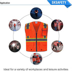 SKSAFETY 10 Pockets Safety Vest, Class 2 High Visibility Security with Zipper Double-sided mesh, Hi Vis Vest with Reflective Strips, ANSI/ISEA Standard, Construction Work Vest （Orange, 2XL）