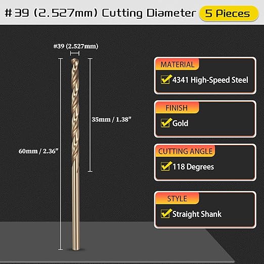 Drill Bit, #39 Cutting Diameter, 4341 HSS Gold Finish 118° Cutting Angle Number Jobber Bits - (Applications: for Drilling Soft Metal Plastic Wood), 5-Pieces