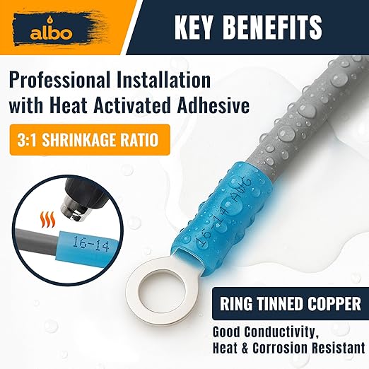 250PCS Blue Heat Shrink Ring Terminal Kit – 16-14 AWG Wire Terminal Connectors Assortment, 6 Sizes (#8, #10, 1/4", 5/16", 3/8", 1/2") – Waterproof Tinned Copper Electrical Ring Connectors