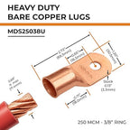 SELTERM 10pcs 250 MCM - 3/8" Stud - Battery Lugs, Heavy Duty Wire Lugs, Ring Terminals, Battery Cable Ends,250 kcmil Terminals, UL Bare Copper Eyelets Electrical Battery Terminal Connectors
