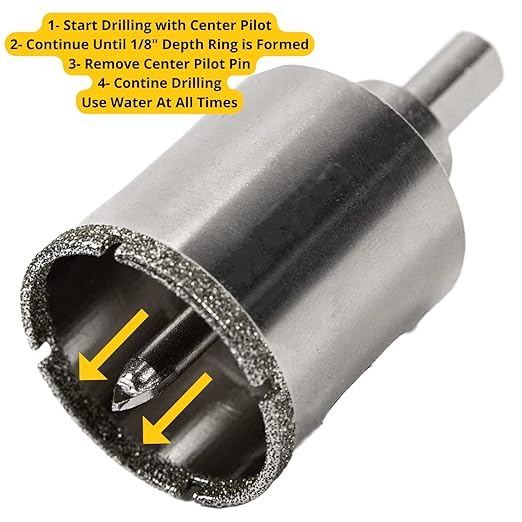 Drilax 1-3/4" Diamond Hole Saw | 1.5" Cutting Depth | Removable Pilot Pin & Triangular 3/8" Shank | Wet Drilling for Ceramic, Porcelain, Tile, Quartz, Granite, Marble | Drains & Conduits