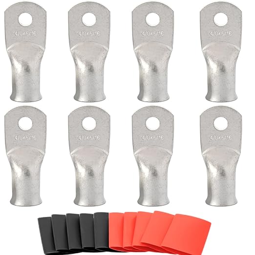0000 Gauge Tinned Copper Cable Lugs 8 PCS 4/0 AWG-5/16(M8) Ring Terminal Heavy Duty Wire Lugs Battery Lugs, 8 PCS 4/0 Guage terminals Battery Cable Ends Connectors with 8 PCS 3:1 Heat Shrink Tube