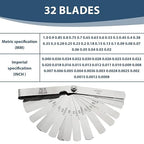 32 Blades Stainless Steel Feeler Gauge for Valves 0.0008-0.04" (0.02-1.00mm) Universal Standard SAE and Metric Offset Valve Thickness Gauge for Spark Plug Piston Measuring Gap Width or Thickness