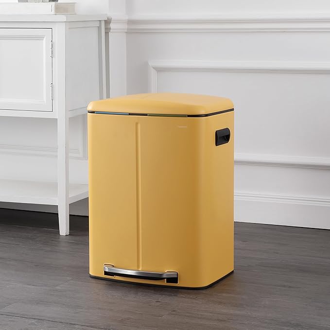 happimess HPM1005L Marco Rectangular 10.6-Gallon Double Bucket Trash Can with Soft-Close Lid, Daffodil Yellow for Home, Kitchen, Bathroom, Living Room, Office