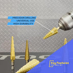 Titanium Step Drill Bit Set - 3PCS High Speed Steel Unibit, 1/4" Shank, Total 28 Sizes 3/16" - 1/2"