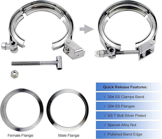 2.75 inch V Band Clamp - 2 sets of Quick Release Vband Clamps with Male Female Flanges Stainless Steel for exhaust system, turbocharger, downpipe and mufflers (2.75" - 2 Pack)