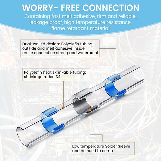 130 PCS Blue Heat Shrink Butt Connectors,16-14 AWG, Self Soldering Butt Connector, Waterproof Solder Seal Wire Connectors, Butt Splice Wire Terminals for Automotive Marine Boat