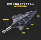 UPGRADE M35 Cobalt Step Drill Bit with Ultra TiAIN Coating, 1/4" - 1-3/8" Unibit Step Bit with Double Sprial Flute, 1/4" Hex Shank Drill Bit for Metal, Stainless Steel, Aluminum, Copper, Wood