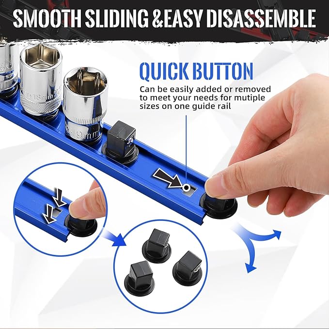 Magnetic Socket Organizer, 3-Piece Heavty Duty Aluminum Socket Holder, Socket Rail for Tool Box, Premium Quality 360° Swivel Socket Rack Kit with 40 Clips for 1/2, 3/8, 1/4-Inch(Blue)