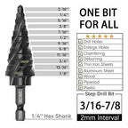 M35 Cobalt Step Drill Bit Four Spiral Flute, 3/16"-7/8" (12 Step Sizes) - Ideal for Metal, Stainless Steel, Wood, Plastic - 1/4" Hex Shank