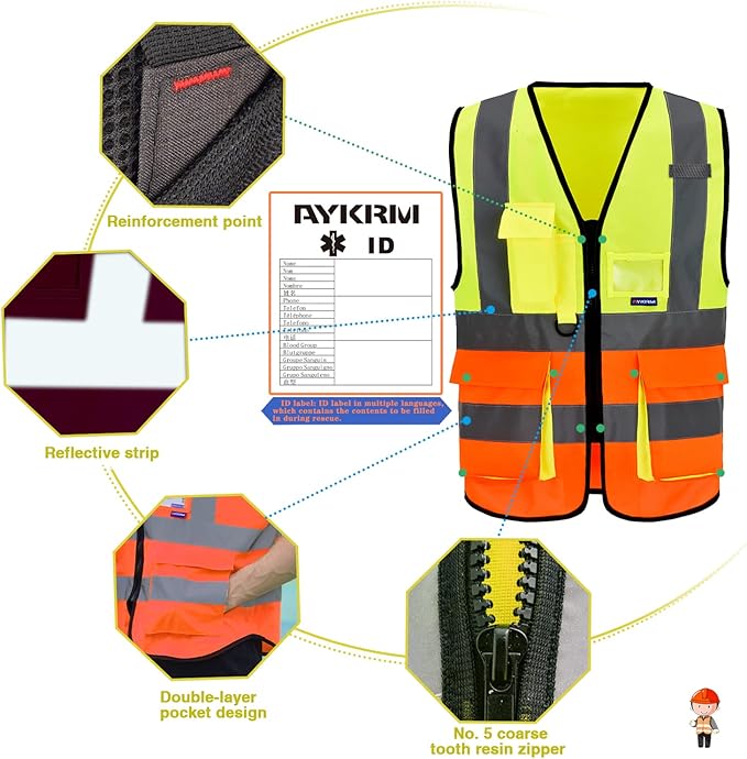 A-SAFETY yellow orange High Visibility Construction Safety Vest with Pockets zipper, Orange&Yellow Color Mixed, XXXL
