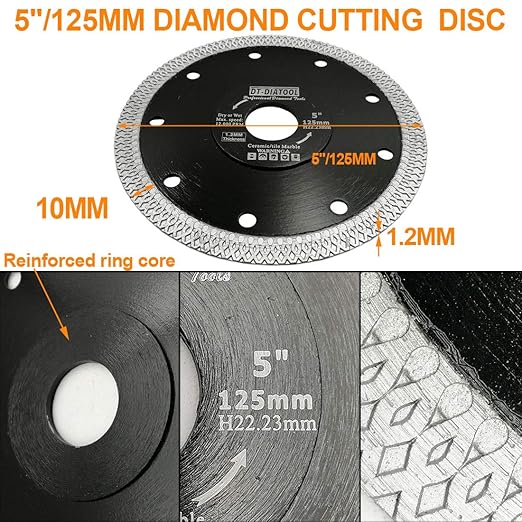 DT-DIATOOL Diamond Tile Blade 5 Inch 2pcs Diamond Turbo X Mesh Rim Segement Circular Saw Blade for Procelain Ceramic Stoneware Marble Granite Fits 5/8"-7/8" Arbor